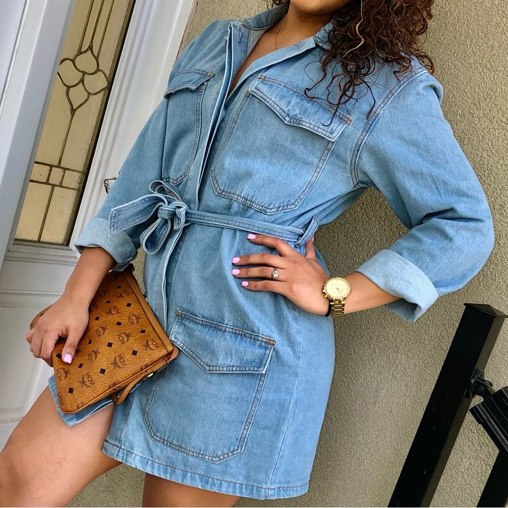 Mid Wash Denim Button Up Tie Detail Shirt